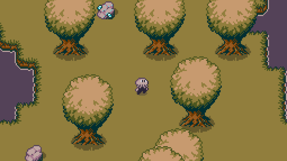 Screenshot of my game in pixel art, we see little Cthulhu in the middle of the trees.