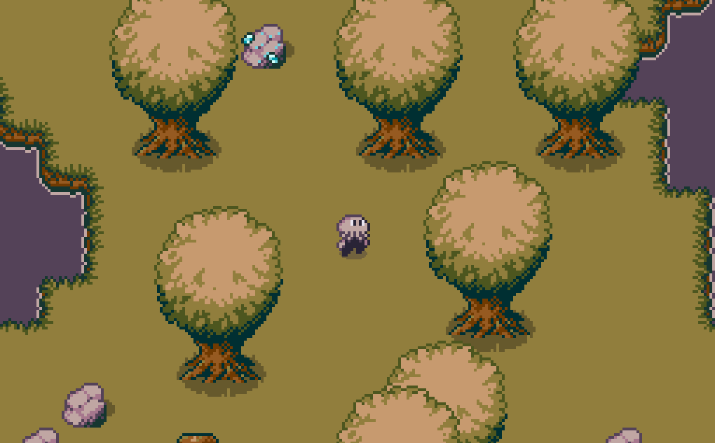 Capture d'écran de mon jeu en pixel art, on y voit little Cthulhu au milieu des arbres.