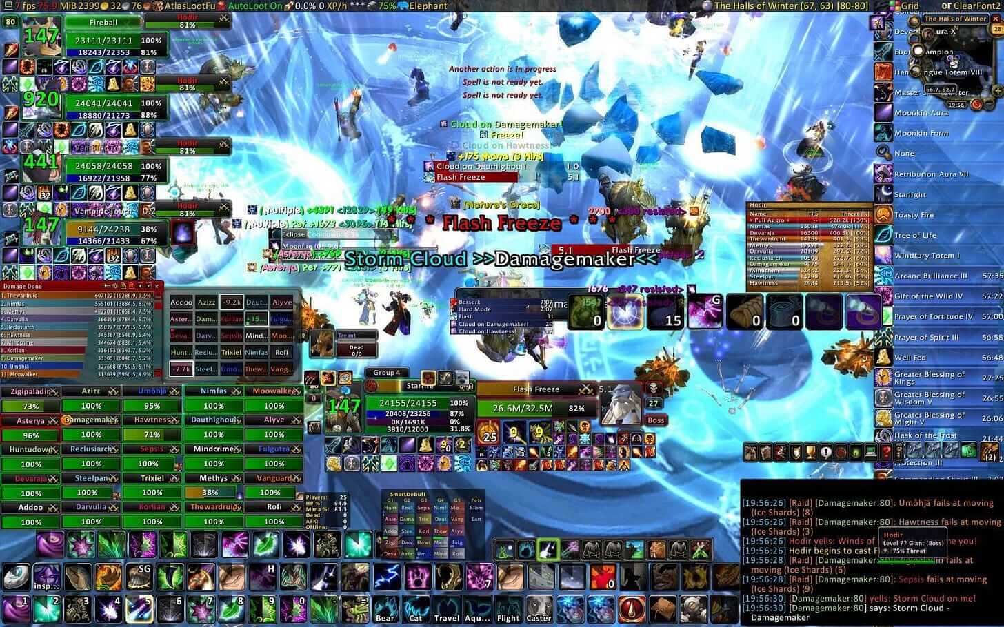 A screen from a world of warcraft player with two many noise due to the high number of plugin used to play
