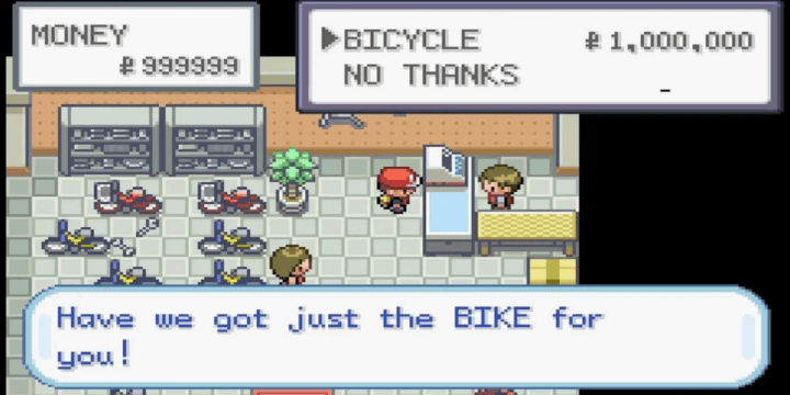 Shop interface to buy a bicycle from Pokemon
